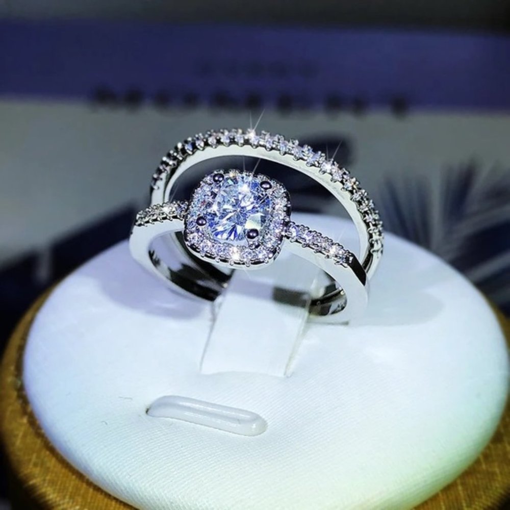 925 Sterling Silver Popular Four-Claw Fashion Ring Two-Piece For Ladies Wedding - Picture 5 of 5
